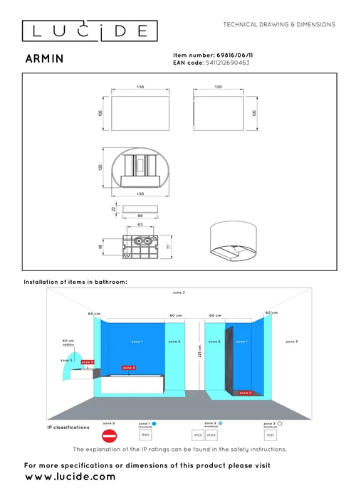 Lucide ARMIN - Wall spotlight / Wall light Bathroom - LED Dim. - CCT - 2x3,5W 2200K/3000K - IP54 - Chrome - Essential - technical